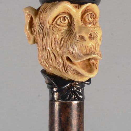 Belle canne humoristique à pommeau sculpté 精美的幽默手杖，杖钮雕刻成猴头形状，银色杖领和杖帽，异国情调的木质杖杆，黄&hellip;