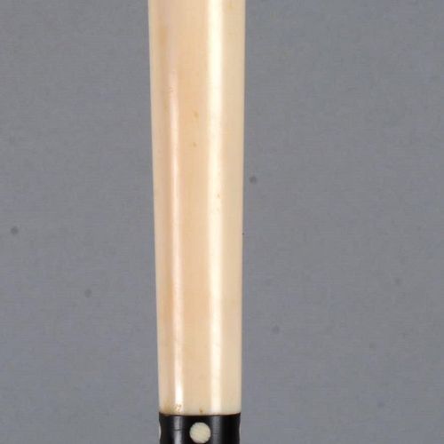 Canne à pommeau droit 手杖带直钮，底部有带象牙粘贴物的牛角环，桃花心木杖杆和象牙杖套。长度：90.5 厘米。