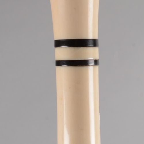 Canne en laurier à pommeau droit 带直鞍座的月桂手杖，上面刻有萨梯尔和仙女的色情场景。 骨质套环。长度：95 厘米。