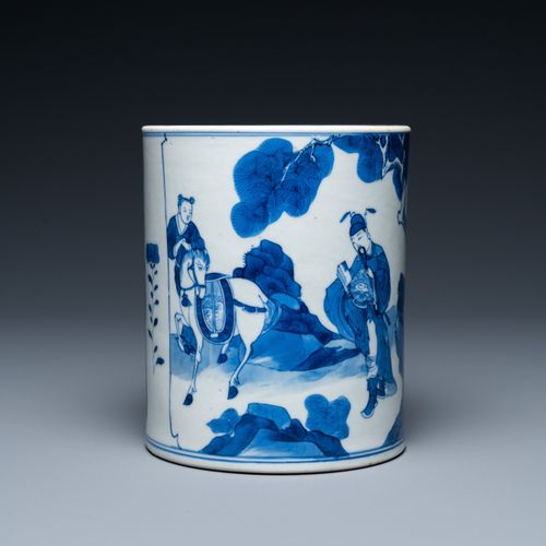 A Chinese blue and white 'bitong' brush pot with an official near his horse, Kan&hellip;
