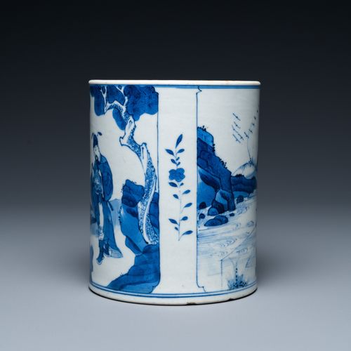 A Chinese blue and white 'bitong' brush pot with an official near his horse, Kan&hellip;