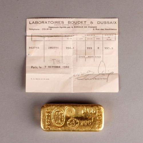 Null Gold-LINGOT von 997,6 g Nummer 962754/280771, P. Alépéé essayeur, Goldfeing&hellip;
