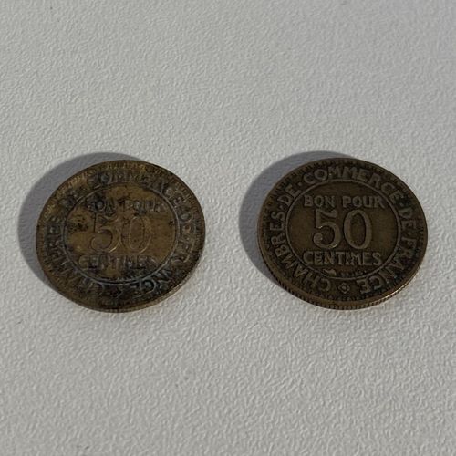 Deux pièces bon pour 50 centimes datées de 1922 et 1923 Mise à prix : 10 euros E&hellip;