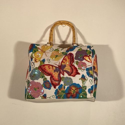 Sac à main ou sac de plage en tissu et relief coloré à décor de papillons, fleur&hellip;