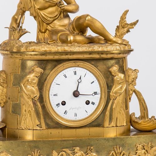 Chased and gilt bronze clock decorated with Narcissus reflecting in a spring, th&hellip;