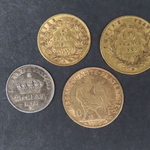 Null 一批硬币，包括 ： 
- 1枚10法郎拿破仑三世金币1867 BB
- 1枚金币 10F Coq de Chaplain 1906
- 1枚5F金币拿&hellip;