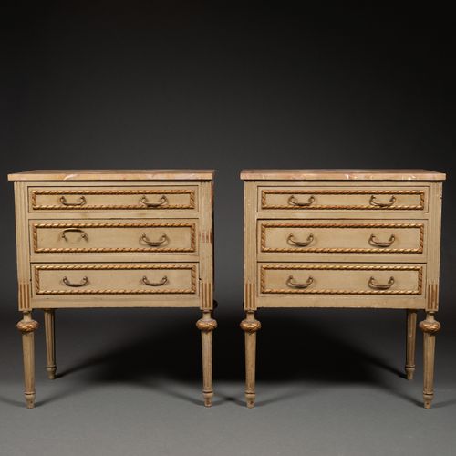 Null Pair of Louis XVI style bedside tables in gilt and gray painted wood. Frenc&hellip;