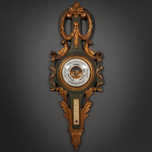 Null Baromètre Thermomètre de style Louis XVI en bois sculpté et polychromé en v&hellip;