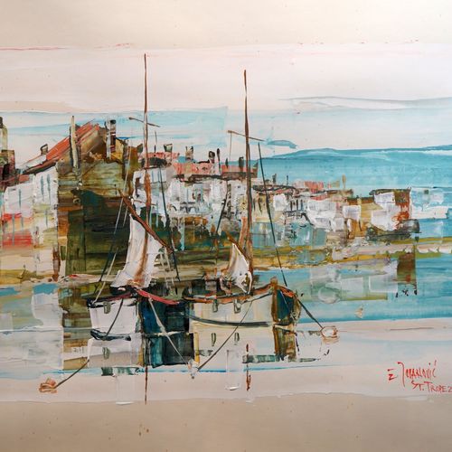 Null 5- Ivan JOVANIC ''La Ponche, Saint-Tropez'' Huile sur papier 49 x 64 cm