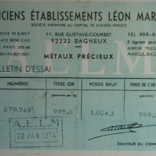 Null 
100- Lingot en or n° 279 749 et son bulletin d'essai du 22 janvier 1974


&hellip;