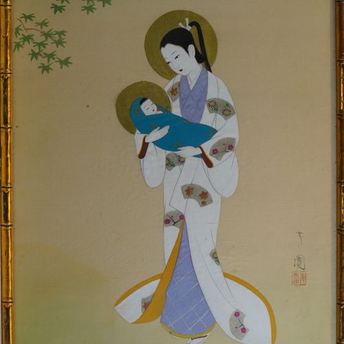 Null 73- Ecole Japonaise ''Femmes et enfants'' Deux peintures sur tissu 41 x 34 &hellip;