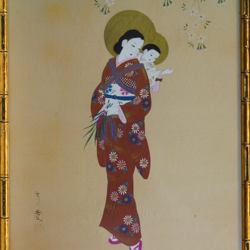 Null 73- Ecole Japonaise ''Femmes et enfants'' Deux peintures sur tissu 41 x 34 &hellip;