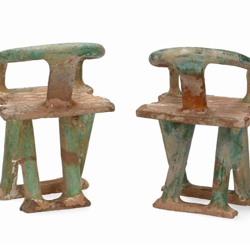 A pair of earthenware sancai glazed sculptures depicting chairs. Unmarked. China&hellip;
