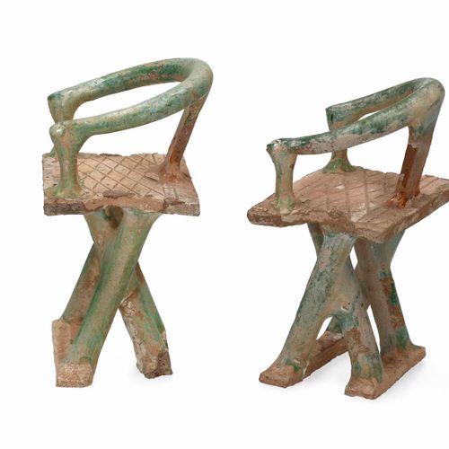A pair of earthenware sancai glazed sculptures depicting chairs. Unmarked. China&hellip;