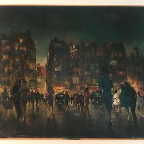 Jan VAN CAMPENHOUT (1907-1972) Rue de Paris animée le soir ?Huile sur toile sign&hellip;