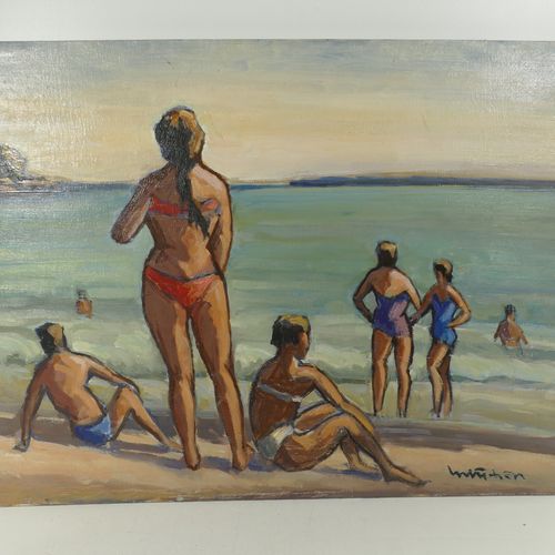 Null FICHER Julien (1888-1989), huile sur toile "Scène de bain à la mer" signé (&hellip;