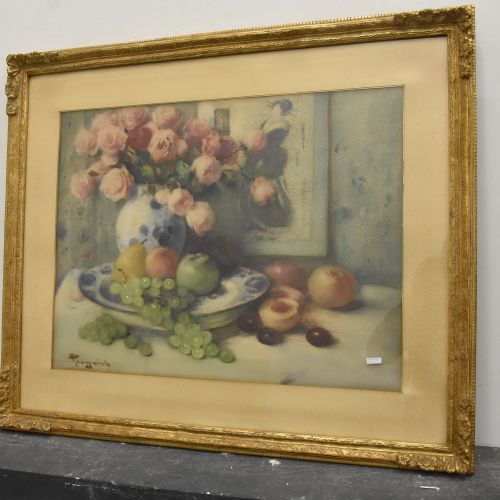 Null Aquarelle "Nature morte aux fruits" signée fernand Toussaint (83x70cm)