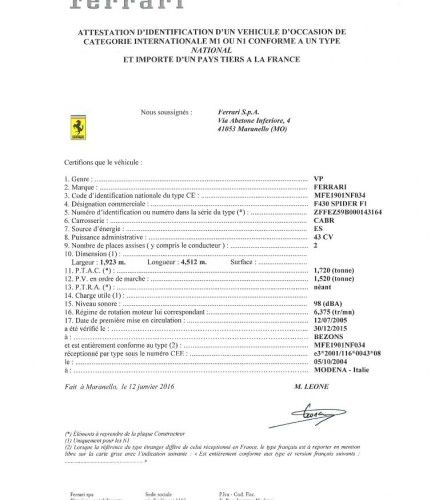 FERRARI F430 SPIDER F1 de 2005 
Châssis n° ZFFEZ59B000143164
Kilométrage au comp&hellip;