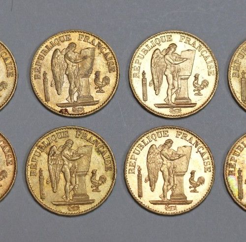 Null HUIT PIÈCES en or de 20 francs français dits Napoléon à
l'effigie du génie &hellip;