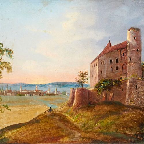 Anonymer Künstler des 19. Jh. Landschaft mit Burg vor untergehender Sonne. Öl au&hellip;