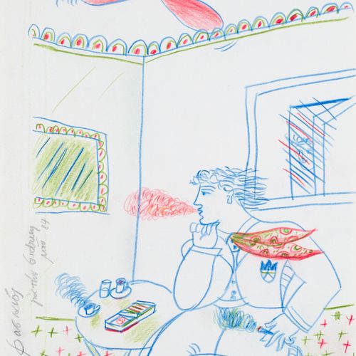 Fassianos, Alekos Dans le café. 1984. Farbstift auf chamoisfarbenem Bütten. 29,5&hellip;