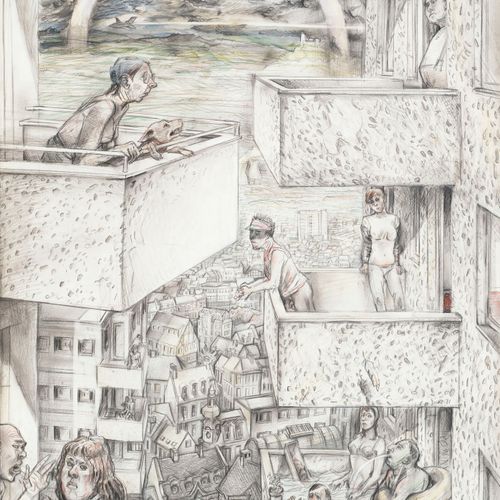 Goettl, Helmut Leben auf Balkonen. 1988. Graphitzeichnung, Aquarell und Pastellk&hellip;
