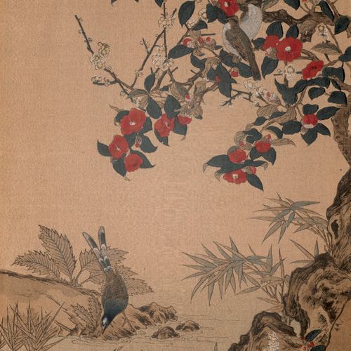 Zeichnung eines Vogels an einem Bach in floraler Umgebung. 20. Jahrhundert, kolo&hellip;