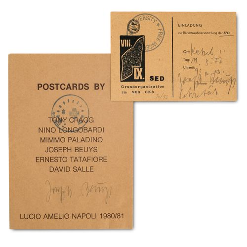 Sammlung von vier Dokumenten. Von Beuys signierte und gestempelte Postkarte, Bri&hellip;