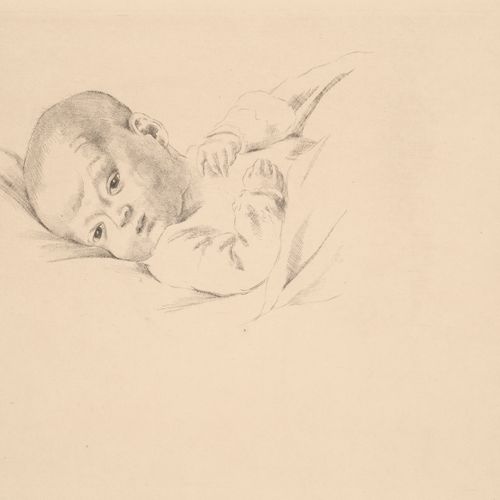 Jahrhundertwende 埃米尔-奥里克 撒谎的婴儿。1915年左右，在水波纹布上的棕色蚀刻画。17,4 x 23厘米（24,8 x 34,2厘米）。签&hellip;