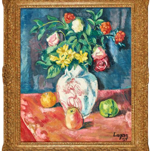 LAGAR-ARROYO, CELSO Nature morte avec fleurs dans un vase et fruits.
Huile sur c&hellip;