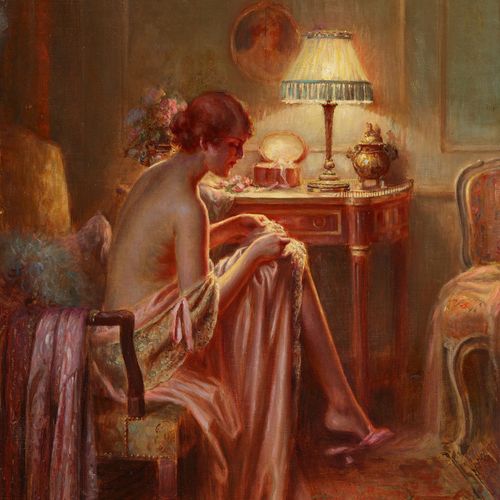ENJOLRAS, DELPHIN Jeune femme sous la lampe.
Huile sur toile,
sig. U.R.,
73x54 c&hellip;