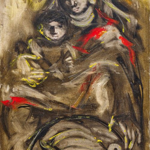 SIVANESAN, M. Mère et enfant avec un panier de fruits.
Huile sur toile,
sig. Et &hellip;