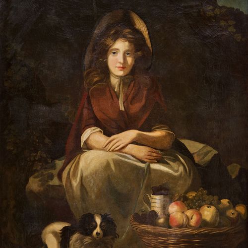 ENGLAND, 19. JH. Jeune femme avec panier de fruits rempli et chien.
Huile sur to&hellip;