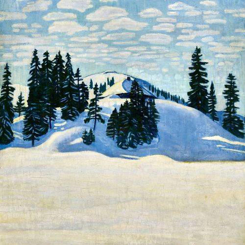 CARDINAUX, EMIL Paysage d'hiver ensoleillé avec des sapins et un chalet. Huile s&hellip;