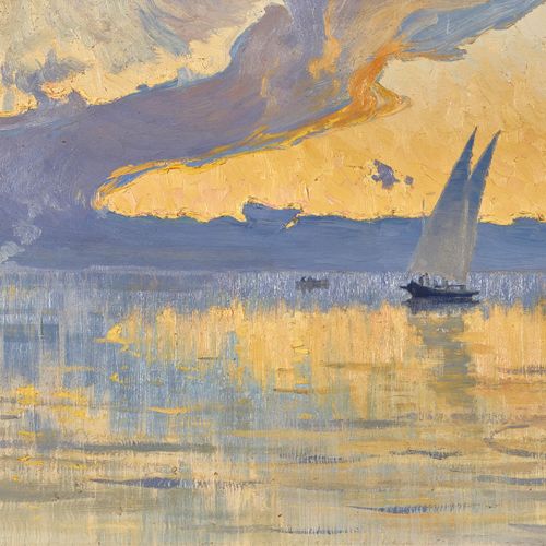 GAULIS, FERNAND Barco de vela bajo el sol del atardecer.
Óleo sobre lienzo,
sig.&hellip;