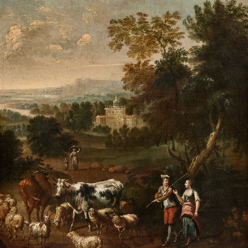 NORDITALIEN, 18. JH. Paysage avec bergers et bétail.
Huile sur toile, doublée,
a&hellip;