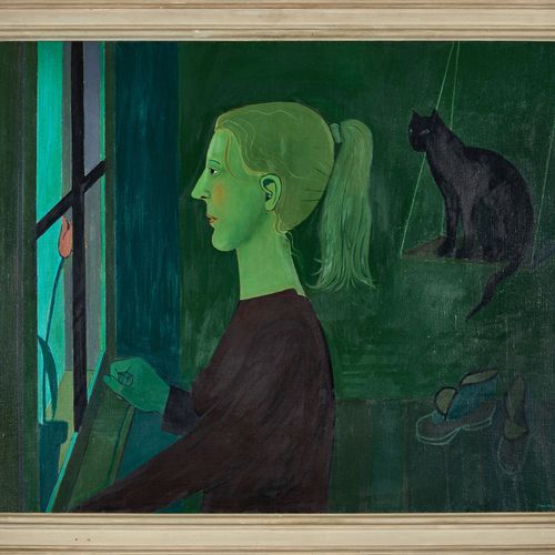 GERTSCH, FRANZ "Untitled (Girl at the window)".
Oil on canvas,
sig. U.R.,
72,5x9&hellip;