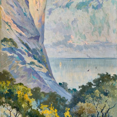 GAULIS, FERNAND Steile Küstenpartie.
Öl auf Leinwand,
sig. U.R.,
201x110 cm, ung&hellip;