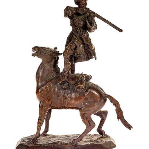 LANCERAY, EVGENI ALEXANDROVICH "Tcherkesse Jigitovka".
Bronze, patine foncée, a.&hellip;