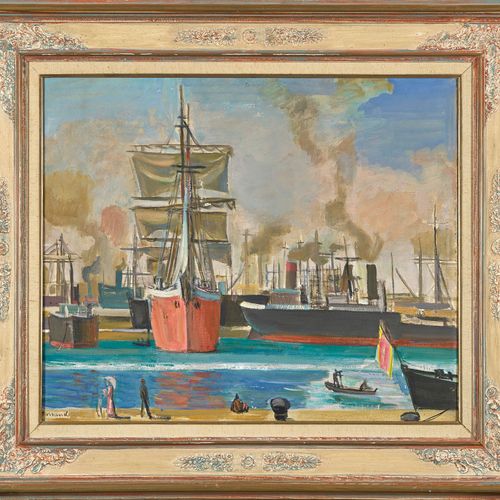 BARRAUD, MAURICE "Le Port de Barcelone".
Oil on canvas,
sig. U.L., verso a. Stre&hellip;