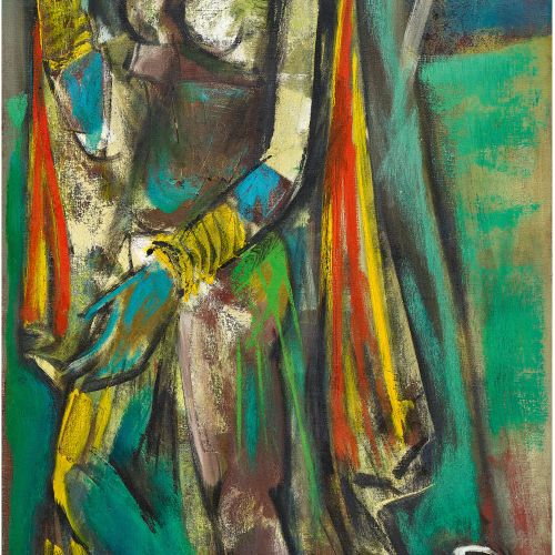 SIVANESAN, M. 站立的女人。
布面油画，
122x61 cm

Verso Stpl. "CAMEL Oil Painting Canvas (..&hellip;