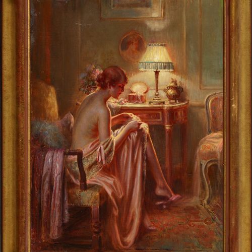 ENJOLRAS, DELPHIN Jeune femme sous la lampe.
Huile sur toile,
sig. U.R.,
73x54 c&hellip;
