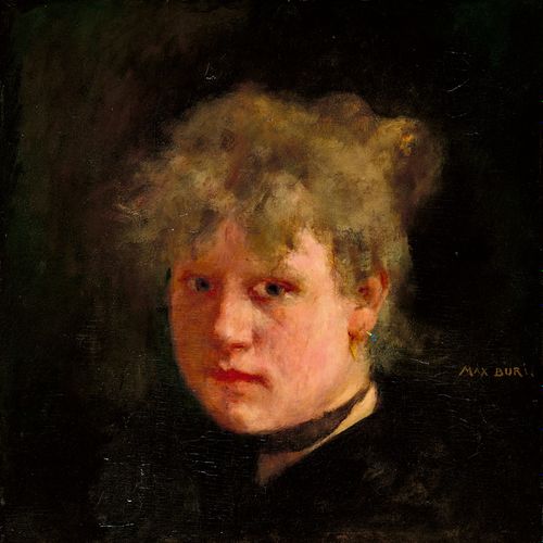 BURI, MAX ALFRED Portrait de tête d'une jeune femme.
Huile sur bois,
sig. M.R.,
&hellip;