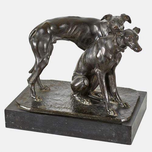 SANDOZ, ÉDOUARD-MARCEL "Groupe de lévriers".
Bronze, dunkel patiniert,
a. Plinth&hellip;