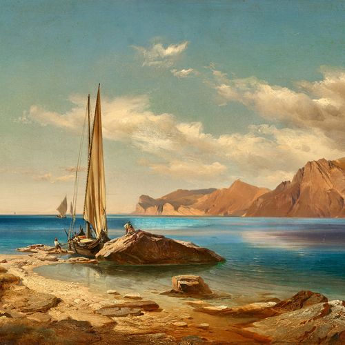 STEFFAN, JOHANN GOTTFRIED "Shore on Lake Garda in Northern Italy".
Oil on wood,
&hellip;