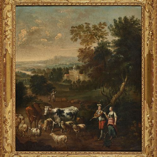 NORDITALIEN, 18. JH. Landscape with shepherds and cattle.
Oil on canvas, doubled&hellip;