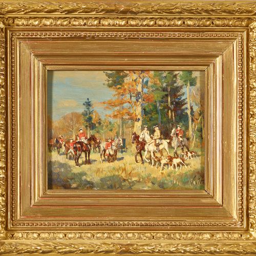 VELTEN, WILHELM Hunting party at the edge of the forest.
Oil on wood,
sig. U.R.,&hellip;