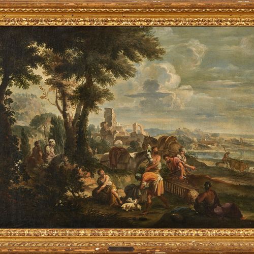 LOCATELLI, ANDREA "Paesaggio laziale con pastori".
Huile sur toile, doublée,
47x&hellip;