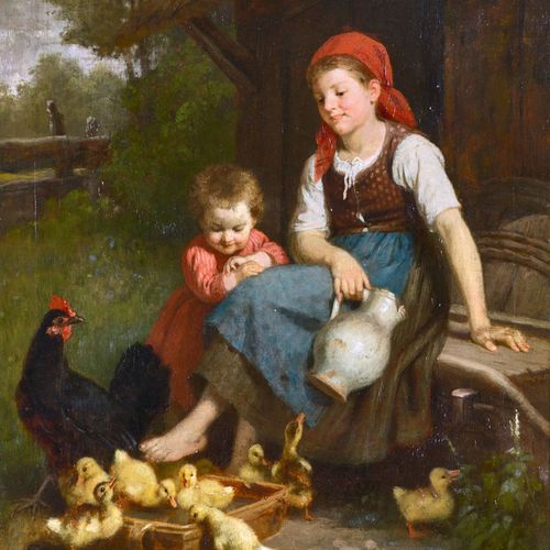 EPP, RUDOLF Two peasant children with hen and ducklings.
Oil on canvas,
sig. U. &hellip;