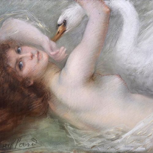 Esther HUILLARD (XIXe - XXe siècle) "Léda et le cygne". Pastel signé en bas à ga&hellip;